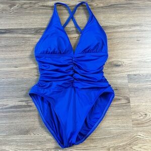 La Blanca Island Goddess One Piece Swimsuit Plunge Ruching Strappy Blue Size 6